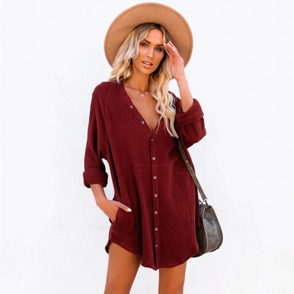KENNEDY COTTON POCKETED BUTTON DOWN TUNIC - WINE